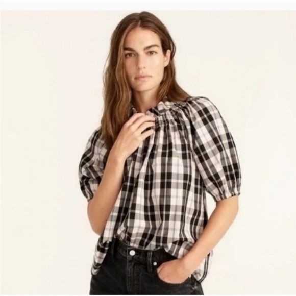 J. CREW Women's Black and White Plaid Puff Sleeve Top - Picture 2 of 13